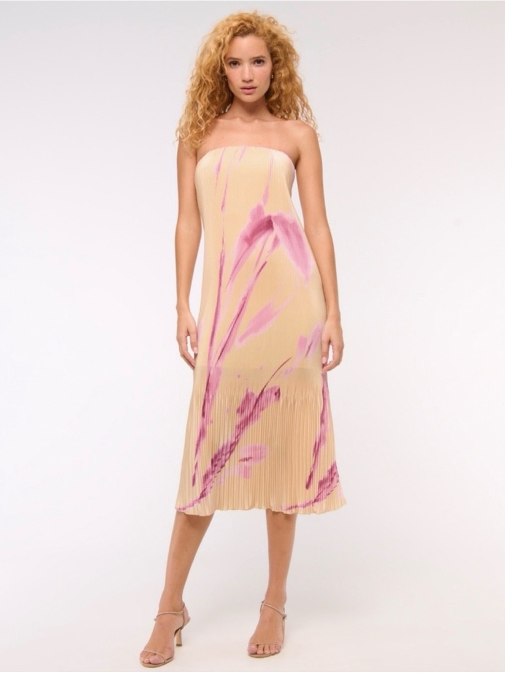 Abercrombie & Fitch Strapless Pleated Midi Dress in Cream with Pink Floral